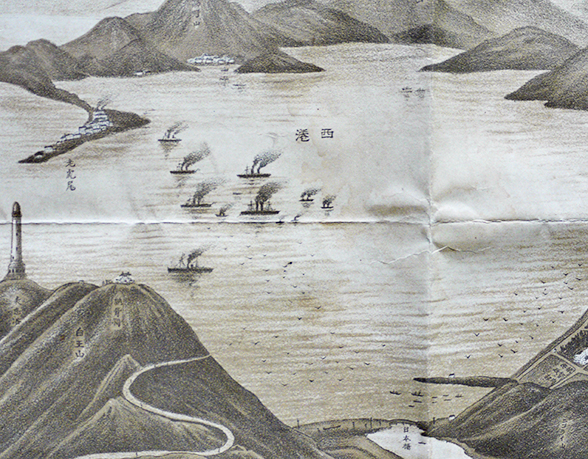 旅順全景(砂目石版画鳥瞰図)熊倉禄三郎著 城山会発行 大正3年 旅順全景(砂目石版画鳥瞰図)熊倉禄三郎著 城山会発行 大正3年