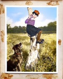 「少女倶楽部」口絵原画「木に座る少女」エアーブラシ写真修正　昭和14年頃