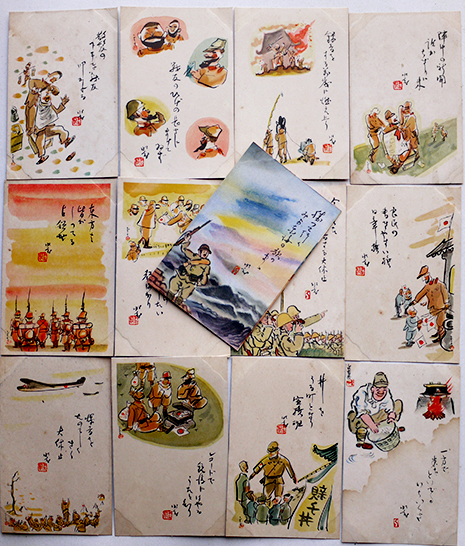 兵隊さん川柳絵葉書（仮題）カラーイラスト13枚 軍事郵便 / 古本