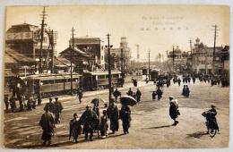 東京名所絵葉書　上野廣小路（路面電車/キリンビール看板/街並）白黒写真版1枚　戦前