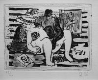 瑛九銅版画「魚と猫-SCALE IVより」（後刷り）Ed No.35/60　鉛筆サイン入　 額装　昭和26年　