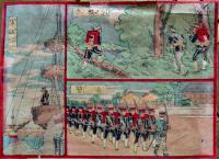 おもちゃ絵　斥候兵/兵営/軍艦檣頭/騎兵隊/砲兵/他　彩色木版画33×21㎝　 裏打ち補修有り　明治刷り