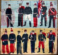 おもちゃ絵　軍人/軍服/大将/憲兵/喇叭卒/他　彩色木版画33.5×22.5㎝　明治刷り　並上品