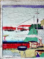 錦絵　東京名所之内　高輪蒸気車　昇斎一景画　彩色木版画36×24㎝　裏打有り  明治刷り