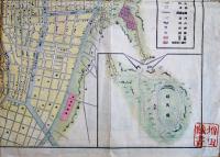 改正横濱市全図　カラー銅版印刷54.5×39㎝ 裏面商店広告入 並品　明治30年