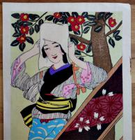 多色摺木版画「張板」竹久夢二刷込サイン 用紙サイズ20×13㎝ 発色良好美品　摺年不詳
