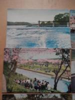 昭和30年代　羽村の堰　絵葉書6点タトウ付

羽村取水堰は、多摩川の河口から上流約54㎞に位置し、川をせき止める投渡堰、固定堰、魚類が行き来する魚道及びせき止めた水を取り入れる第一水門から構成。羽村取水堰は玉川上水と同時に建設され、承応２（1653）年に完成。玉川上水は、江戸の人口が増えたため幕府が多摩川の水を江戸に引く計画を立て、当初は国立の青柳付近、次いで福生の熊川付近に取水口を設けましたが失敗し、現在の羽村地点となった。堰は、明治33（1900）年、大正13（1924）年の増改築を経て現在に至る。堰の構造上、通常時は全量取水して小吐水門から毎秒２立方メートルを放流しているが、台風などの洪水時は、投渡堰を取り払うことで河川水位の上昇を抑え、堰の安全性を確保している。投渡堰は非常に珍しい型式で、川に直角に鉄のけたを渡し、これに杉丸太をたてかけ、横に差込丸太を設置し、そだ（木の枝を束ねたもの）、砂利等を用いて堰を作ります。台風等の大雨により多摩川の水位が上がり、一定の水位を超えるとけたを外して堰自体を下流に流します。これを投渡木払いといいます。その後、水位が下がると堰を再構築、この作業を仕付けといい、昔からの技術が途切れることなく現在まで伝わっている。取水した原水は、村山・山口貯水池や小作浄水場へ導水しているほか、玉川上水路を経て、東村山浄水場にも導水してる。