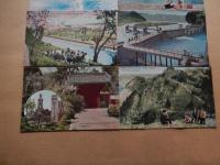 昭和30年代　羽村の堰　絵葉書6点タトウ付

羽村取水堰は、多摩川の河口から上流約54㎞に位置し、川をせき止める投渡堰、固定堰、魚類が行き来する魚道及びせき止めた水を取り入れる第一水門から構成。羽村取水堰は玉川上水と同時に建設され、承応２（1653）年に完成。玉川上水は、江戸の人口が増えたため幕府が多摩川の水を江戸に引く計画を立て、当初は国立の青柳付近、次いで福生の熊川付近に取水口を設けましたが失敗し、現在の羽村地点となった。堰は、明治33（1900）年、大正13（1924）年の増改築を経て現在に至る。堰の構造上、通常時は全量取水して小吐水門から毎秒２立方メートルを放流しているが、台風などの洪水時は、投渡堰を取り払うことで河川水位の上昇を抑え、堰の安全性を確保している。投渡堰は非常に珍しい型式で、川に直角に鉄のけたを渡し、これに杉丸太をたてかけ、横に差込丸太を設置し、そだ（木の枝を束ねたもの）、砂利等を用いて堰を作ります。台風等の大雨により多摩川の水位が上がり、一定の水位を超えるとけたを外して堰自体を下流に流します。これを投渡木払いといいます。その後、水位が下がると堰を再構築、この作業を仕付けといい、昔からの技術が途切れることなく現在まで伝わっている。取水した原水は、村山・山口貯水池や小作浄水場へ導水しているほか、玉川上水路を経て、東村山浄水場にも導水してる。