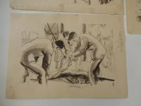 村上松次郎直筆挿絵原稿5点　石の下の記録完結編　大下宇陀児 宝石昭和25年5月号　岩谷書店編集者旧蔵

1951年 第4回 日本推理作家協会賞長編部門受賞作
大下宇陀児の長編推理小説。昭和23年（1948）から昭和25年（1950）にかけて発表、単行本は昭和26年（1951）刊行。昭和24年（1949）の光クラブ事件など、アプレゲール犯罪が頻発した時期に書かれた作品であり、その影響を感じさせる。第4回日本探偵作家クラブ賞受賞。

石の下の記録
受賞者：大下宇陀児
受賞の言葉受賞の喜び

「石の下の記録」が授賞作品になったことを、むろん私は喜んでいる。賞をもらっても私が喜ばないのじゃないか、と微妙な考え方をしていた人もあったように察せられるが、そんなことはない。たしかに私は大喜びである。書き改めたい部分がかなりある。笠原登場の場面がまづいし、貴美子夫人が十分に書けていない。園江新六の失踪を、もっと深く工夫した方がよかった。が、賞になってよかったと思うのである。特筆すべきことが二つほどあるが、その一つは、木々君がこの小説をたいそうほめてくれたことであり、他の一つは、乱歩さんが、この小説を賞としたくなかった、ということである。これは非常に興味のある問題だ。私が「石の下の記録」の作者でなかったら、それにつき言いたいことがあるが、今は遠慮しておいた方が無難であろう。たゞ、木々君の讃辞、その他あの作を認めてくれた人々に対し、心から感謝し、併せて乱歩さんには、やがていつか、乱歩さんも賞を与えたくなる小説で、しかも私流の小説を書いて見せるよ、と申しておくにとどめる。喜ぶ、とはいっても、私は喜んでばかりもいられない。この乱歩さんの態度で、探偵小説の本質を、もういっぺん、考えさせられるところがあった。