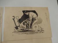 村上松次郎直筆挿絵原稿5点　石の下の記録完結編　大下宇陀児 宝石昭和25年5月号　岩谷書店編集者旧蔵

1951年 第4回 日本推理作家協会賞長編部門受賞作
大下宇陀児の長編推理小説。昭和23年（1948）から昭和25年（1950）にかけて発表、単行本は昭和26年（1951）刊行。昭和24年（1949）の光クラブ事件など、アプレゲール犯罪が頻発した時期に書かれた作品であり、その影響を感じさせる。第4回日本探偵作家クラブ賞受賞。

石の下の記録
受賞者：大下宇陀児
受賞の言葉受賞の喜び

「石の下の記録」が授賞作品になったことを、むろん私は喜んでいる。賞をもらっても私が喜ばないのじゃないか、と微妙な考え方をしていた人もあったように察せられるが、そんなことはない。たしかに私は大喜びである。書き改めたい部分がかなりある。笠原登場の場面がまづいし、貴美子夫人が十分に書けていない。園江新六の失踪を、もっと深く工夫した方がよかった。が、賞になってよかったと思うのである。特筆すべきことが二つほどあるが、その一つは、木々君がこの小説をたいそうほめてくれたことであり、他の一つは、乱歩さんが、この小説を賞としたくなかった、ということである。これは非常に興味のある問題だ。私が「石の下の記録」の作者でなかったら、それにつき言いたいことがあるが、今は遠慮しておいた方が無難であろう。たゞ、木々君の讃辞、その他あの作を認めてくれた人々に対し、心から感謝し、併せて乱歩さんには、やがていつか、乱歩さんも賞を与えたくなる小説で、しかも私流の小説を書いて見せるよ、と申しておくにとどめる。喜ぶ、とはいっても、私は喜んでばかりもいられない。この乱歩さんの態度で、探偵小説の本質を、もういっぺん、考えさせられるところがあった。