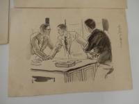 村上松次郎直筆挿絵原稿5点　石の下の記録完結編　大下宇陀児 宝石昭和25年5月号　岩谷書店編集者旧蔵

1951年 第4回 日本推理作家協会賞長編部門受賞作
大下宇陀児の長編推理小説。昭和23年（1948）から昭和25年（1950）にかけて発表、単行本は昭和26年（1951）刊行。昭和24年（1949）の光クラブ事件など、アプレゲール犯罪が頻発した時期に書かれた作品であり、その影響を感じさせる。第4回日本探偵作家クラブ賞受賞。

石の下の記録
受賞者：大下宇陀児
受賞の言葉受賞の喜び

「石の下の記録」が授賞作品になったことを、むろん私は喜んでいる。賞をもらっても私が喜ばないのじゃないか、と微妙な考え方をしていた人もあったように察せられるが、そんなことはない。たしかに私は大喜びである。書き改めたい部分がかなりある。笠原登場の場面がまづいし、貴美子夫人が十分に書けていない。園江新六の失踪を、もっと深く工夫した方がよかった。が、賞になってよかったと思うのである。特筆すべきことが二つほどあるが、その一つは、木々君がこの小説をたいそうほめてくれたことであり、他の一つは、乱歩さんが、この小説を賞としたくなかった、ということである。これは非常に興味のある問題だ。私が「石の下の記録」の作者でなかったら、それにつき言いたいことがあるが、今は遠慮しておいた方が無難であろう。たゞ、木々君の讃辞、その他あの作を認めてくれた人々に対し、心から感謝し、併せて乱歩さんには、やがていつか、乱歩さんも賞を与えたくなる小説で、しかも私流の小説を書いて見せるよ、と申しておくにとどめる。喜ぶ、とはいっても、私は喜んでばかりもいられない。この乱歩さんの態度で、探偵小説の本質を、もういっぺん、考えさせられるところがあった。