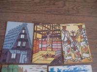 飛騨高山　木版画絵葉書６枚セット　守洞春監修（合掌造り　中野幸一板）（乗鞍岳を望む　河村達三板）（飛騨国分寺　船越山治板）（宮川河畔　小野ケ原達治板）（高山祭闘鶏楽　岩島周一板）（日下部邸　冠者幸作板）ふじや商店発行
    刊行年 表記なし　7円額面　1960年代
    ６枚一組 