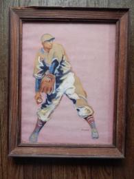 川西英　肉筆画　　額サイズ35cm-28cm

川西英（Hide Kawanishi、1894年7月9日 - 1965年2月20日) は日本の版画家、画家。本名は川西英雄。
1894年（明治27年）、兵庫県神戸市兵庫区東出町に回船・穀物問屋の七男として生まれる。1915年（大正4年）、神戸商業学校を卒業後、家業を継ぐ。1922年（大正11年）からは兵庫東出郵便局長を務めた。画家を志した時期についての資料は見つかっていないが、16歳のとき（1910年）に『セシル・アルディン作品の模写』（京都国立近代美術館蔵）を描いている。木版画は山本鼎の作品をみて志したとされ、1920年代より長らく国画会と日本版画協会を主な活動の場とした。1937年（昭和12年）に出版された『神戸百景』はエキゾチックな都市風景と風俗を描いた作品で、彼の代表作。 