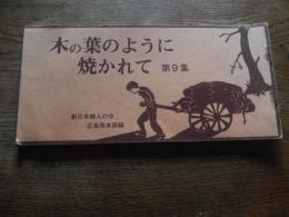 木の葉のように焼かれて　第9集　1975年発行
「木の葉のように焼かれて」編集委員会
出版新日本婦人の会広島県本部
出版地 	広島
68頁

目次 	はじめに　2　すいせんのことば　佐久間澄　5
すいせんのことば　土井大助　7
手記
あの日を境に　大谷富子　9
ひとり生き残って　深野洋子　10
花をもって広島に帰ろう　中下満子　11
”生きつづける”原点　中谷玉江　12
病床からの訴え　中村美代子　16
傍観していてはいけない　大山一枝　17
つきまとう不安のなかで　河井郁子　18
戦争を知らない若者たちよ　富永初子　19
「被爆検診」を終って　加藤裕子　21
レポート二題　前保美枝子　23
　長い旅路の果てに－死をえらんだ被爆者－　23
　戦争で消えた一家－織田さんのこと－　25
座談会
真の援護法を被爆者の手に　29
被爆者対策現行ニ法最近の改正経過　37
続　被爆物語（ききがき）
もう一度元気になって働きたい　村上徳枝　39
老後の夢も消えました　富士原亀乃　40
あしたではおそすぎる　新田あき子　42
認定患者の妻に支えられ病床に十二年　清水万太郎　44
不治の病二十二　いまも廃人同様の暮し　藤本忠行　47
作文　原子ばくだん（平和教育実践のなかから）
小学四年　平井佳代子　48
第二十回原水爆禁止世界大会－少年少女のつどいに参加して－似島にて　48
小学四年　関戸真紀　48
小学二年　源田えり　49
小学二年　茂久田恵子　49
親と子の本棚　脇田充子
一九七五年国際婦人年「平和と軍縮に関する国際婦人セミナー」に参加して　荒滝文子　54
国際婦人デー広島県集会での新婦人の「平和のとりくみについて」の報告　名越操　59
特別寄稿
『ヨシヲ君に何があったん？』　熊谷勇二　63
特別寄稿
ただいま二百五十万円也
　ゼッケン8年後・ベトナムカンパのこと　金子徳好　64
あとがき　68