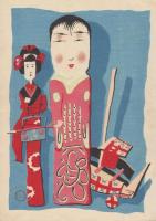 おもちゃ絵諸國めぐり　彩色木版22枚　　帙・目次つき　おまけ(彩色木版のおもちゃ絵12枚　山内神斧ほか)つき