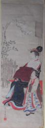 （木版画）　歌川豊廣画「花見　遊女と禿？」