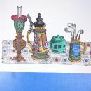 川上澄生木版画 南蛮的静物 ランプ,ビアジョッキ,パイプ 重要無形文化財越...