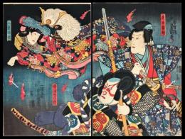 豊国三代「諏訪法性の兜」　二枚続き