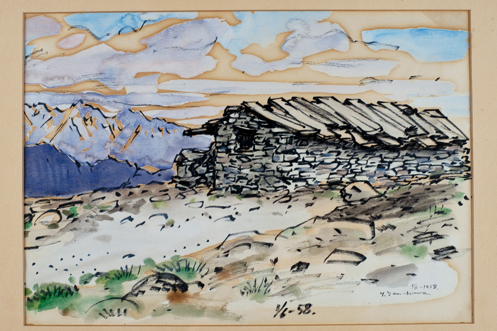 山川勇一郎 水彩画額「Tarke GhyangからLangtangへの途中」(山川勇一郎
