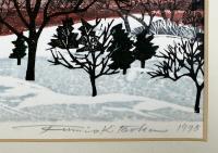 北岡文雄 木版画額「雪の山」