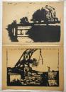 戦前リノカット版画「トロッコ」「クレーン」 2枚