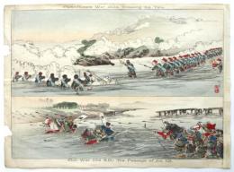 木版画「日露戦争鴨緑江（Yalu川）の戦い/宇治川の戦い」