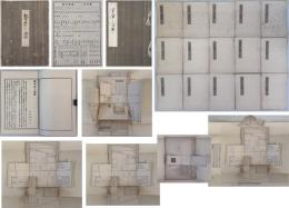 数寄屋おこし絵図  利休（不審庵）／宗旦（今日庵）／江岑（三畳中板）／不白（蓮華庵）／織部（中潜）／他