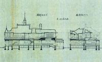 銭湯建築図面 （二階建西洋風建築）  西南西及南西側正面図／北面側正面図・東側正面図／八二切断面・イ大ロ切断面／杭元及コンクリート地形平面図・床下平面図／第１階床梁根太伏図・第２階床梁伏図／第１階平面図・第２階平面図／屋根伏図