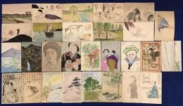 古絵葉書／ポストカード　手描き絵図案　28枚一括　（内9枚宛名面に書き込みあり）