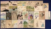 古絵葉書／ポストカード　手描き絵図案　28枚一括　（内9枚宛名面に書き込みあり）