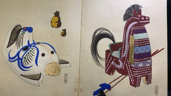 昭和九年 川崎巨泉 掛軸 「尚武之図」紙本 肉筆 共箱／郷土玩具