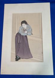 湯川松堂・錦絵、手摺り多色木版画 『洋館窓辺で本を読む、女学校生徒ノ図』(仮題）