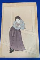 湯川松堂・錦絵、手摺り多色木版画 『洋館窓辺で本を読む、女学校生徒ノ図』(仮題）