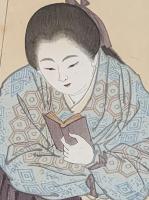 湯川松堂・錦絵、手摺り多色木版画 『洋館窓辺で本を読む、女学校生徒ノ図』(仮題）