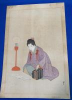 湯川松堂・錦絵、手摺り多色木版画、『洋ランプの元で、風琴の楽譜を見る、高貴な夫人ノ図』(仮題）