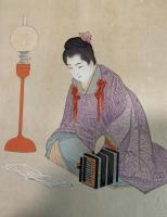 湯川松堂・錦絵、手摺り多色木版画、『洋ランプの元で、風琴の楽譜を見る、高貴な夫人ノ図』(仮題）