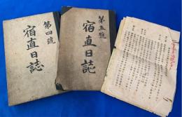 太平洋戦争戦時中の　「宿直日誌」　第四号〔昭和18年）、第五号〔昭和19年〜20年）　２冊　及び「工場自衛警備規定」「巡回路線図」入り