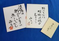 青木雨彦　3点セット
『句入り直筆・墨筆色紙』　２枚　
①  『塗箸の　剥げて小芋の　煮ころがし』　墨筆署名・落款入
②  『枯れてなほ　蟷螂の眼の　光をり』　墨筆署名・落款入
③ 小冊子 『雨彦さんを偲ぶ』1冊
合計3点