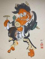 肉筆大津絵　「鬼の寒念仏」　高橋松山版　署名、落款入