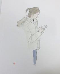 【水彩・肉筆]読む人（少女）　林哲夫画・落款