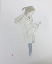 【水彩・肉筆]読む人（少女）　林哲夫画・落款