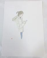 【水彩・肉筆]読む人（少女）　林哲夫画・落款