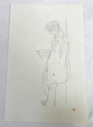 【水彩・肉筆]読む人　林哲夫画・落款03