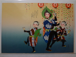 引札見本　彩色石版　踊る美人子供２人　菅傘　２６×３８