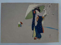 引札見本　彩色石版　雪舞いの中で傘をさす美人　２６×３８