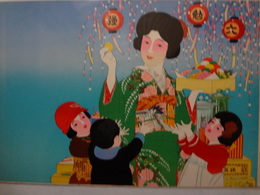 引札見本　彩色石版　お菓子をくばる婦人　ねだる子供達　２６×３８　