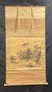掛軸 山水図 無款｜紙本 日本家屋 田舎風景｜幅広 短尺｜表具破損 要補修｜昭和レトロ 練習用素材