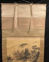 掛軸 山水図 無款｜紙本 日本家屋 田舎風景｜幅広 短尺｜表具破損 要補修｜昭和レトロ 練習用素材