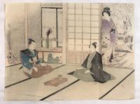 「正月室内之図（仮）」 木版画 鏡餅 破魔矢 新年風俗画 江戸情緒 年始挨拶 裃姿 美人画 鳥居清長