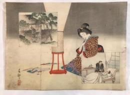 小林清親「虫歯の美人と西洋医（仮）」 明治期 木版画 聴診器 文明開化 風刺画 ポンチ絵 医療歴史資料